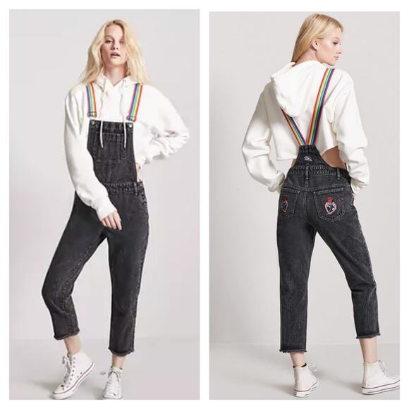 Lazer Kitten x Forever 21 Distressed Rainbow Overall Jeans Pride - Picture 1 of 4